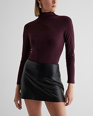 Fitted Mesh Sleeve Mock Neck Bodysuit Red Women's L