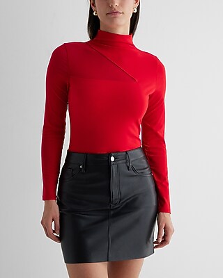 Fitted Mesh Sleeve Mock Neck Bodysuit Red Women's XL