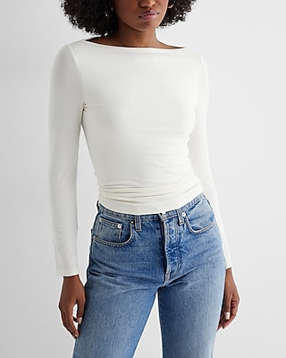 Supersoft Fitted Boat Neck Long Sleeve Tee White Women's L