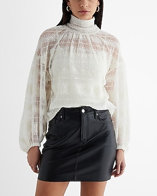 Skimming Mesh Pleated Mock Neck Balloon Sleeve Top White Women's XL