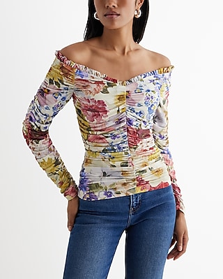 Body Contour Compression Floral Off The Shoulder Ruched Tee Multi-Color Women's S