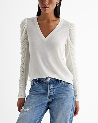Skimming V-Neck Ruched Long Sleeve Tee White Women's M