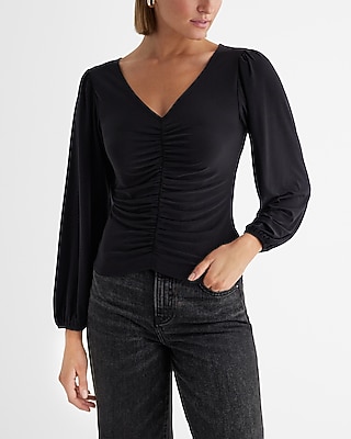 Skimming V-Neck Balloon Sleeve Ruched Front Top Black Women's L