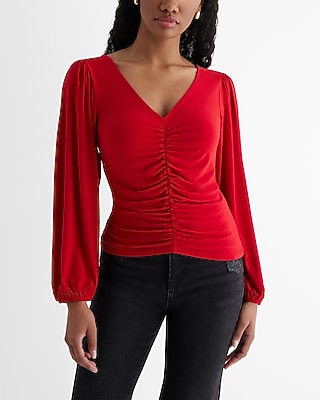 Skimming V-Neck Balloon Sleeve Ruched Front Top