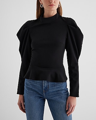 Mock Neck Puff Sleeve Peplum Top Black Women's L
