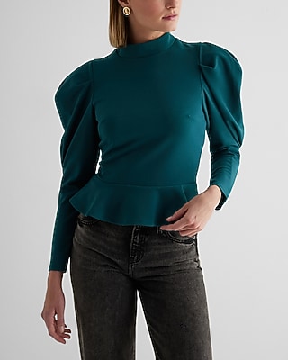 Mock Neck Puff Sleeve Peplum Top Green Women's L