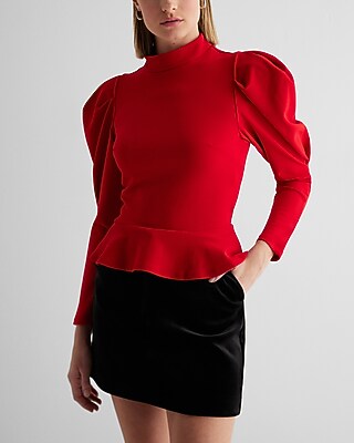 Mock Neck Puff Sleeve Peplum Top Red Women's XS
