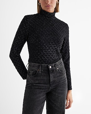 Mesh Patterned Shine Mock Neck Long Sleeve Shirt