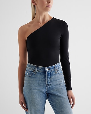 Bodycon Compression One Shoulder Long Sleeve Bodysuit Black Women's M