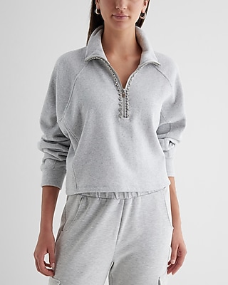 Rhinestone Trim Quarter Zip Boxy Fleece Sweatshirt Gray Women's S