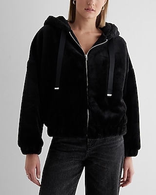Faux Fur Zip Up Hoodie Black Women's XL