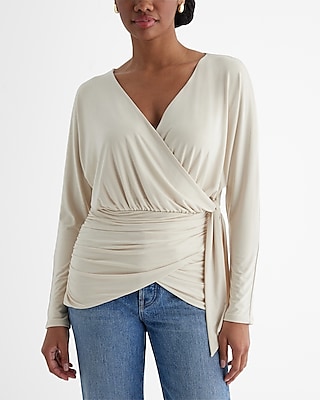 Skimming V-Neck Surplice Tie Waist Top Neutral Women's S