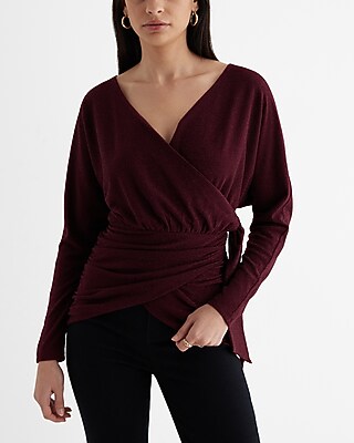 Relaxed Metallic V-Neck Surplice Tie Waist Top Red Women's XS