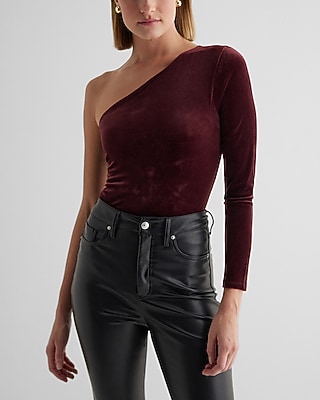 Bodycon Velvet One Shoulder Long Sleeve Bodysuit Red Women's M
