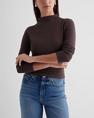 Bodycon Cozy Mock Neck Long Sleeve Tee Brown Women's XS