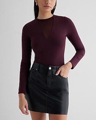 Fitted Mesh Pieced Crew Neck Long Sleeve Bodysuit Red Women's L