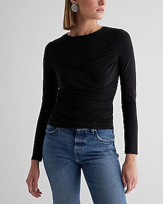 Crew Neck Long Sleeve Wrap Front Tee