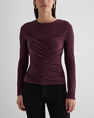 Crew Neck Long Sleeve Wrap Front Tee Red Women's L