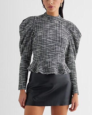 Tweed Mock Neck Puff Sleeve Peplum Top