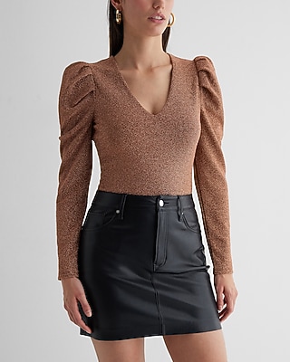 Shine V-Neck Puff Sleeve Bodysuit Gold Women's S