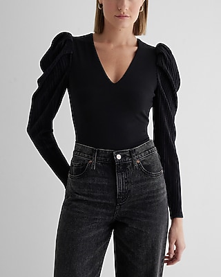 V-Neck Pleated Puff Sleeve Bodysuit Black Women's L