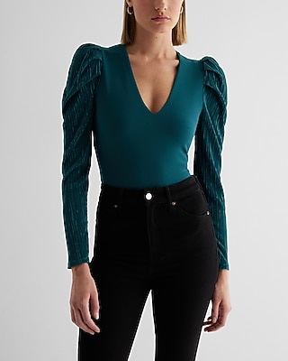 V-Neck Pleated Puff Sleeve Bodysuit
