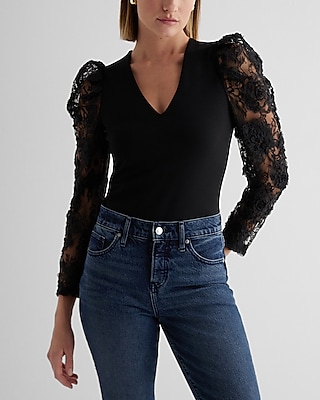 V-Neck Lace Puff Sleeve Bodysuit