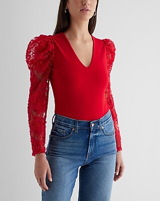 V-Neck Lace Puff Sleeve Bodysuit Red Women's M