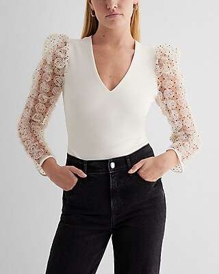 V-Neck Polka Dot Mesh Rosette Sleeve Bodysuit