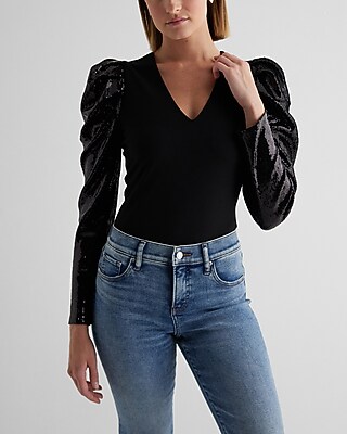 V-Neck Sequin Puff Sleeve Bodysuit