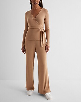 Ribbed Cozy Knit V-Neck Surplice Tie Waist Top Brown Women's XL