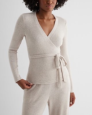 Ribbed Cozy Knit V-Neck Surplice Tie Waist Top Gray Women's L