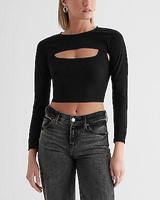 Ribbed Shrug And Square Neck Crop Top Black Women's L