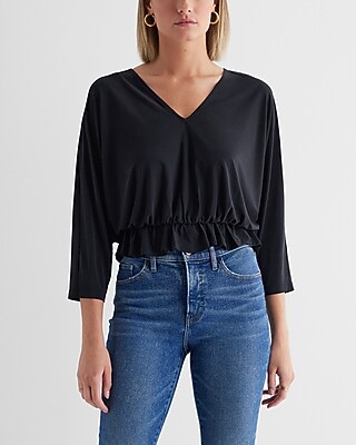 Skimming V-Neck Three Quarter Sleeve Ruched Peplum Tee Black Women's XS
