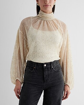 Sequin Mesh Mock Neck Long Sleeve Top