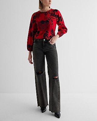 Printed Crew Neck Puff Sleeve Top