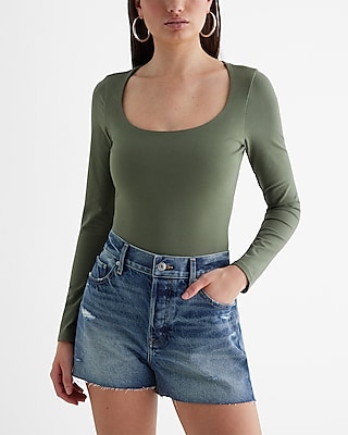 Body Contour Stretch Cotton Scoop Neck Long Sleeve Bodysuit Green Women's XS