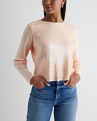 Skimming Sequin Crew Neck Long Sleeve Boxy Tee Neutral Women's S