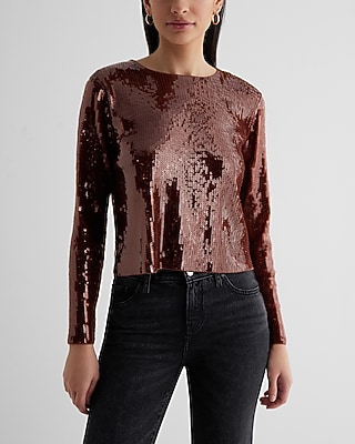 Skimming Sequin Crew Neck Long Sleeve Boxy Tee
