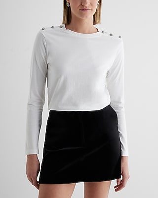 Skimming Cotton Crew Neck Long Sleeve Novelty Button Tee White Women's XS