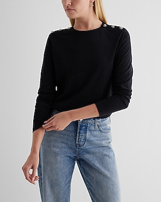 Skimming Cotton Crew Neck Long Sleeve Novelty Button Tee Black Women's M