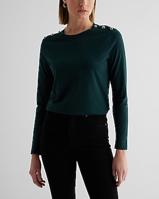 Skimming Cotton Crew Neck Long Sleeve Novelty Button Tee Green Women's S