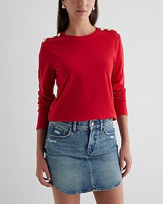Skimming Cotton Crew Neck Long Sleeve Novelty Button Tee Red Women's XL