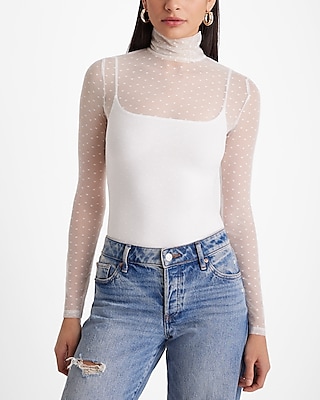 Fitted Mesh Dot Mock Neck Long Sleeve Bodysuit White Women's