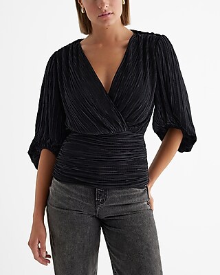Pleated Draped V-Neck Puff Sleeve Faux Wrap Top Black Women's XL