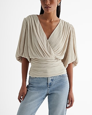 Pleated Draped V-Neck Puff Sleeve Faux Wrap Top Neutral Women's S