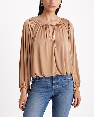 Relaxed Satin Gathered V-Neck Drawstring Top Brown Women's XS