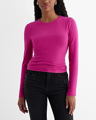 Fitted Ribbed Crew Neck Long Sleeve Tee Pink Women's S