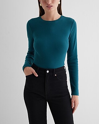 Fitted Ribbed Crew Neck Long Sleeve Tee Green Women's L