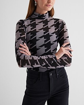 Fitted Mesh Houndstooth Mock Neck Long Sleeve Bodysuit